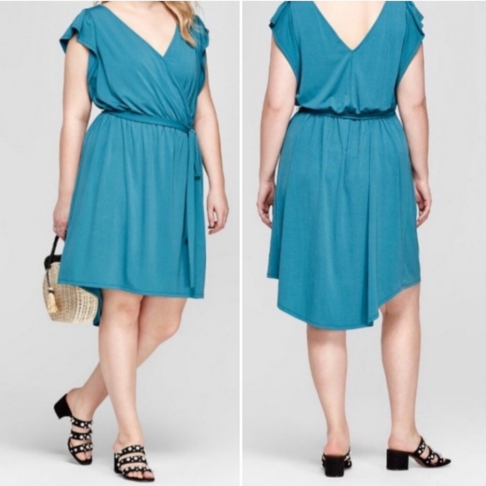 Ava & Viv Laguna Teal Faux Wrap Hi Lo Dress Knit Elastic Waist Size 1X - Picture 2 of 15